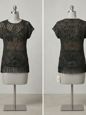 Boho Chic Metallic Gold & Black Fringe Knit Top